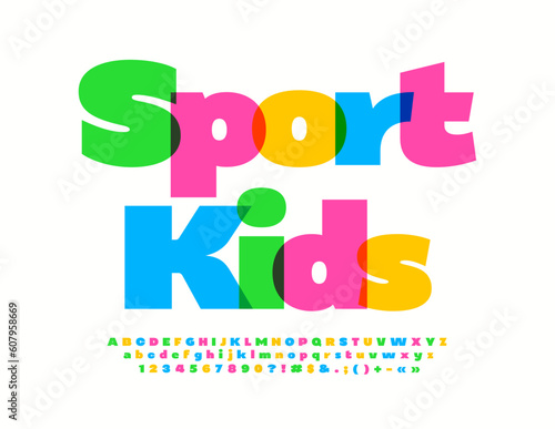Vector modern Emblem Sport Kids. Bright Creative Font. Watercolor Alphabet Letters and Numbers