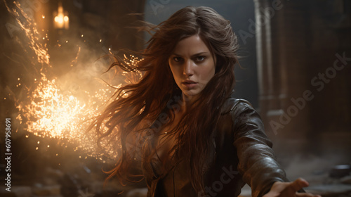 A sorceress with long hair and a leather jacket casting a fire spell Generative Ai