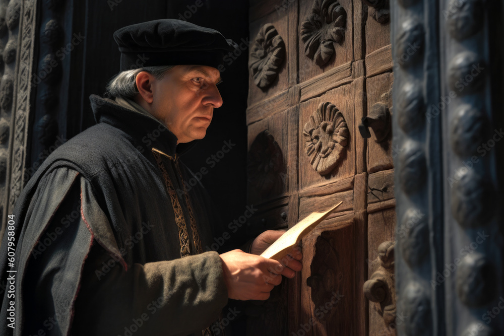 Martin Luther nailing his 95 Theses to the door of the castle church in Wittenberg in 1517 (Generative AI)