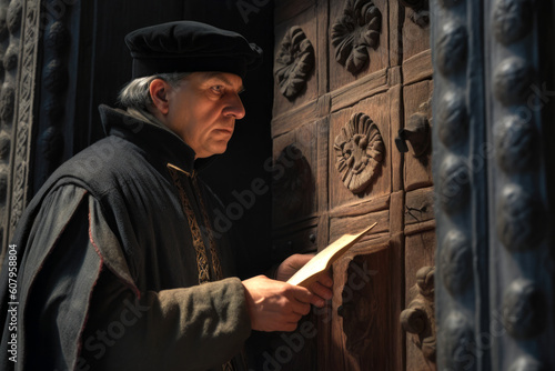 Martin Luther nailing his 95 Theses to the door of the castle church in Wittenberg in 1517 (Generative AI)