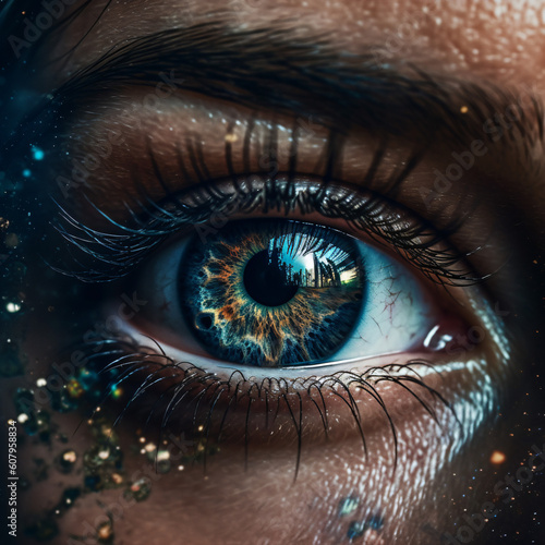 A close up of a person's blue eye surrounded by glitter makeup Generative Ai