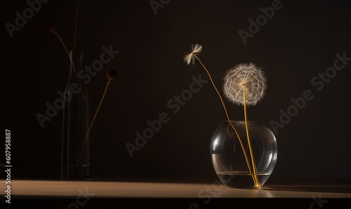  a vase with a dandelion in it on a table.  generative ai