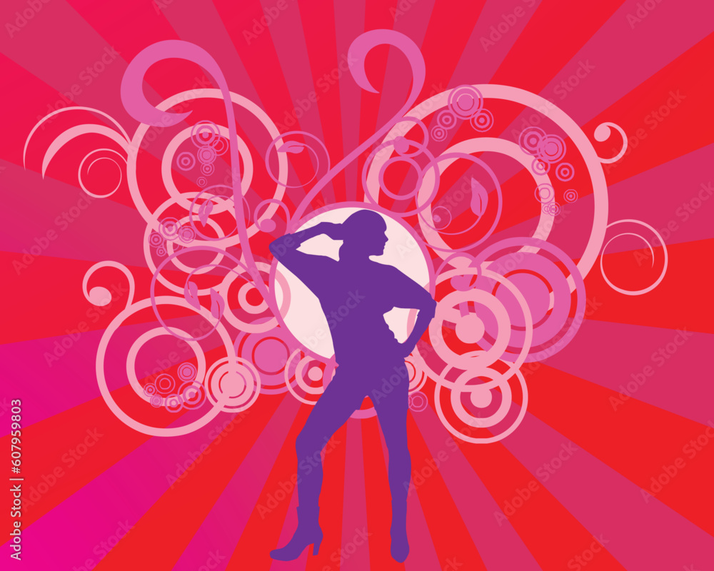 vector illustration of abstract retro circles and woman silhouette on colorful rays vector illustration of abstract retro circles and woman silhouette on colorful rays
