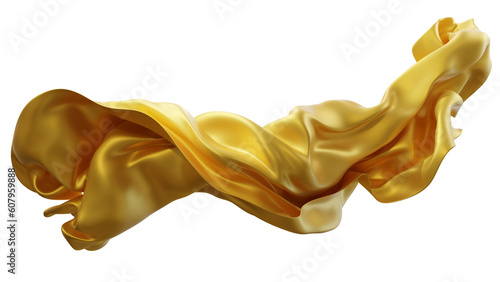 Gold silk fabric design element, 3d rendering golden cloth material flying in the wind. Waving satin cloth isolated on transparent PNG background