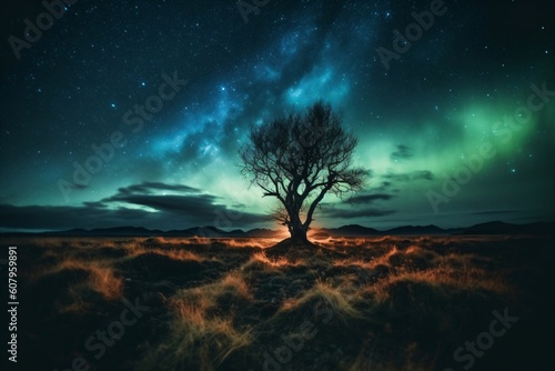 bare tree on a dry meadow in front of the starry sky created with Generative AI technology