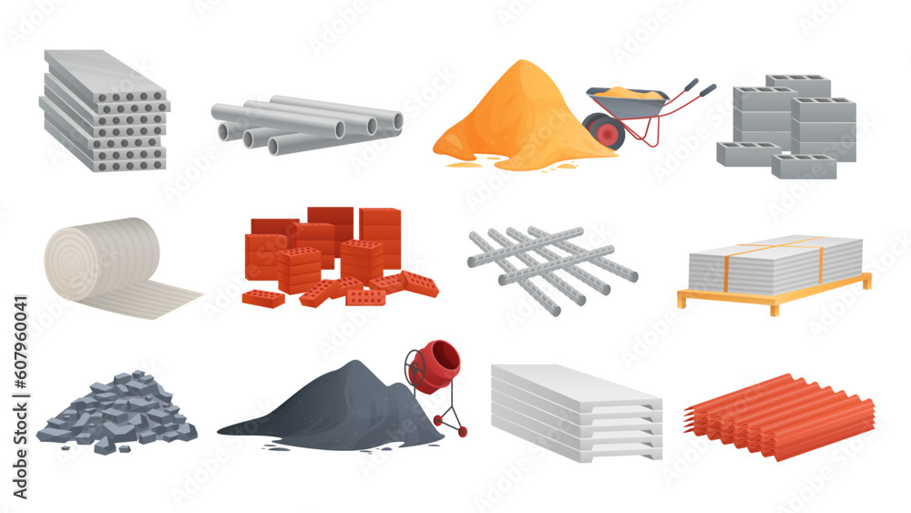 Construction materials and equipment set vector illustration. Cartoon concrete mixer with cement pile, pipe, bricks and blocks stack, stones and sand heap with wheelbarrow for building and renovation - obrazy, fototapety, plakaty 