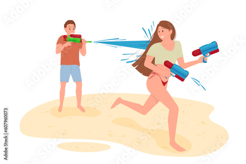 Boy and girl playing with water guns, funny fight of young people vector illustration. Cartoon isolated male character holding pump plastic toy pistol to squirt water on summer festival celebration