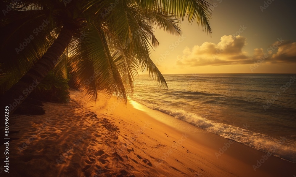  a beach with a palm tree and the sun shining through the clouds.  generative ai