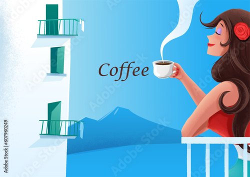 woman drinking coffee panorama Naples and Vesuvius