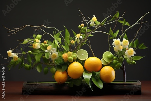 Small lushy lemon tree with a lt of yellow lemons in the pot n the background of a light room