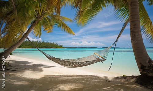  a hammock hanging between two palm trees on a beach. generative ai