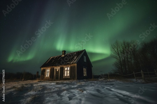 small wooden hut in the snow, above it the northern lights created with Generative AI technology
