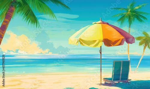  a painting of a beach chair and umbrella on the beach. generative ai