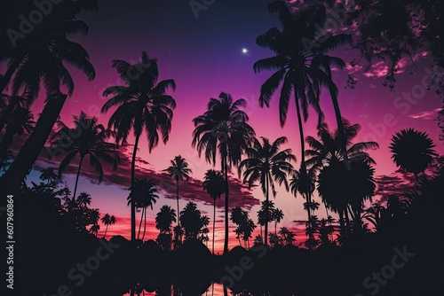 Sunset palm tree silhouette, retro filter. Generative AI