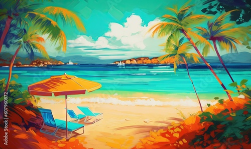  a painting of a beach scene with a beach umbrella and chairs.  generative ai