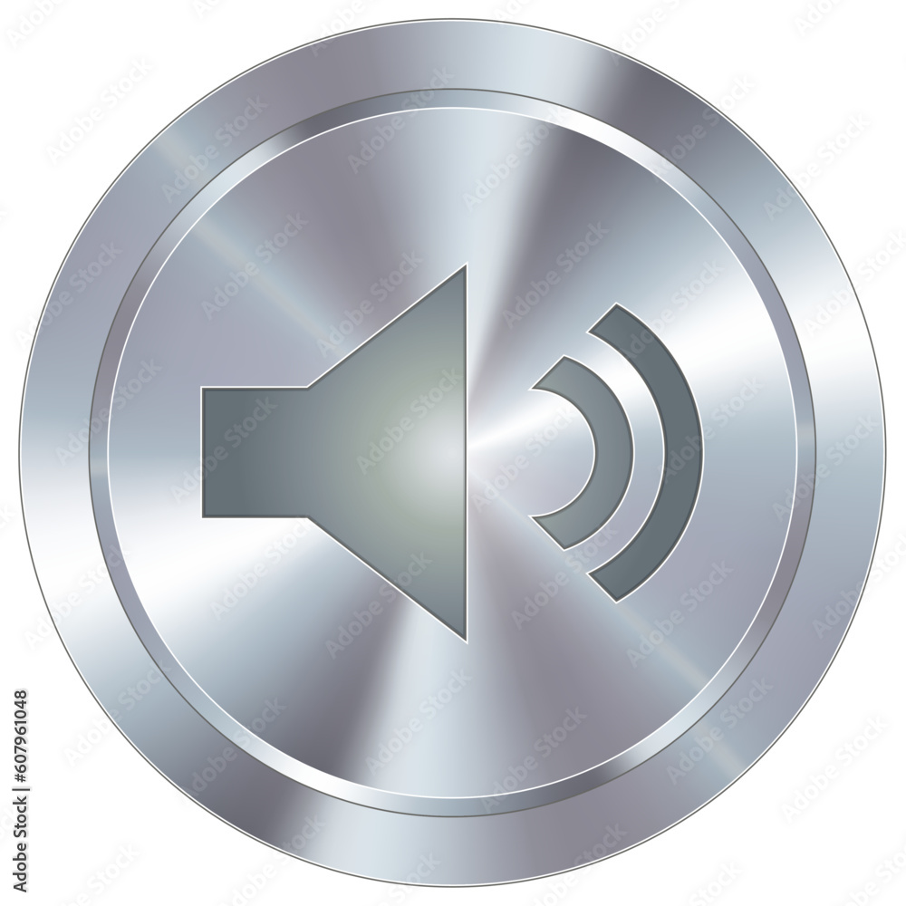 Volume or mute icon on round stainless steel modern industrial button Volume or mute icon on round stainless steel modern industrial button