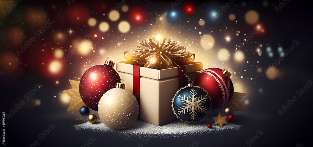 Obraz premium Christmas. Gift on the background of Christmas balls. AI generated