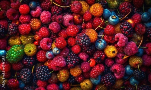  a pile of raspberries and other berries are shown.  generative ai