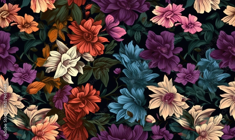  a bunch of flowers that are on a black background with red, yellow, and blue flowers.  generative ai