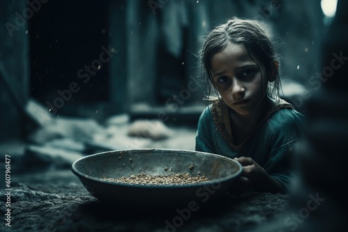 Hunger Poor Poverty. Social inequality, homeless or beggar begging for help sitting at dirty slum,human rights,donate and charity for underprivileged children in third world Generative AI