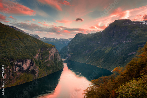 Sunset over the Geirangerfjord and the Seven Sisters Waterfall,  Norway photo