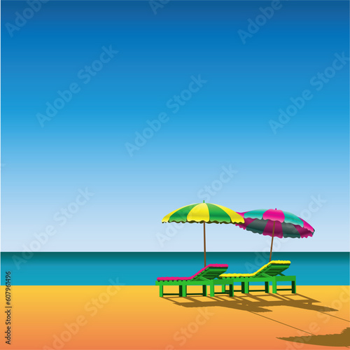 Fototapeta Naklejka Na Ścianę i Meble -  Two Sunloungers and Parasols on a Beach