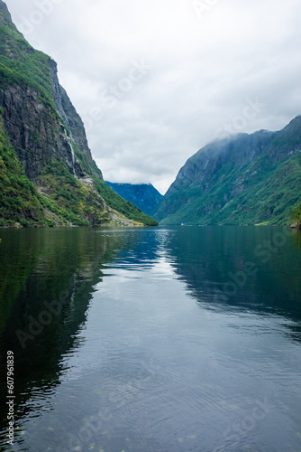 Fototapeta Naklejka Na Ścianę i Meble -  Moody landscape of the Nærøyfjord from Gudvangen.  Norway
