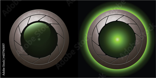green animation shutter LED light "on" and "off" in a metallic rim
