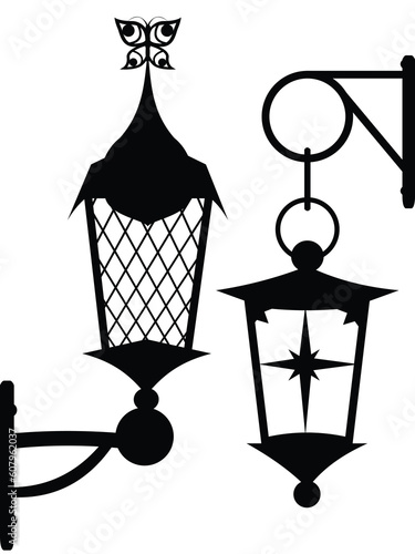 Silhouette of ancient original street lanterns in a vector