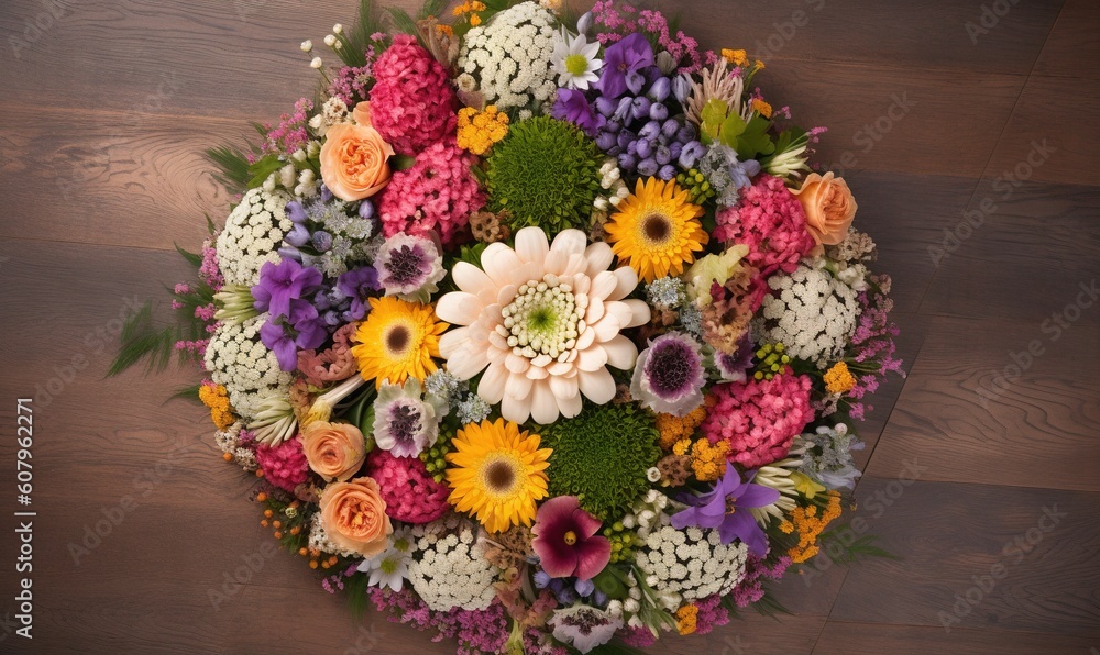  a bunch of flowers arranged in a circle on a table.  generative ai