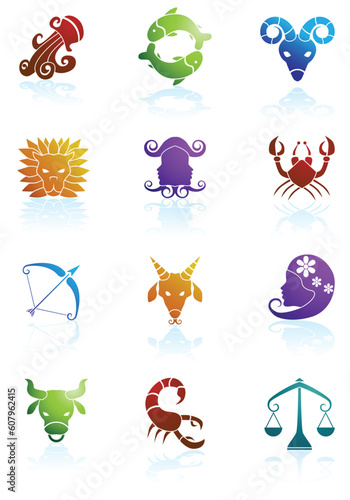 Set of 12 zodiac horoscope icons.
