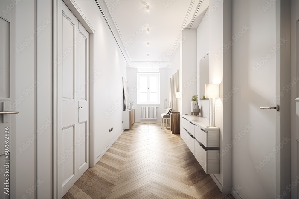 a white hallway leading to the rooms in the flat. Generative AI a white hallway leading to the rooms in the flat. Generative AI