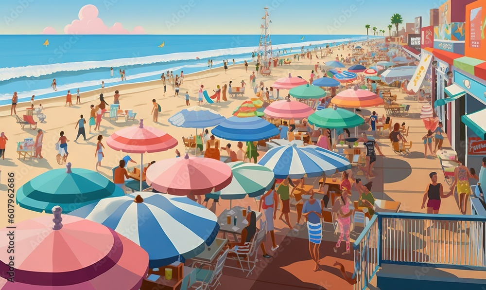  a painting of a crowded beach with people and umbrellas.  generative ai