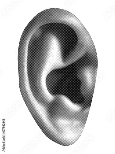 human ear isolated in retro halftone collage element for mixed media design vintage dotted pop art style grunge punk crazy