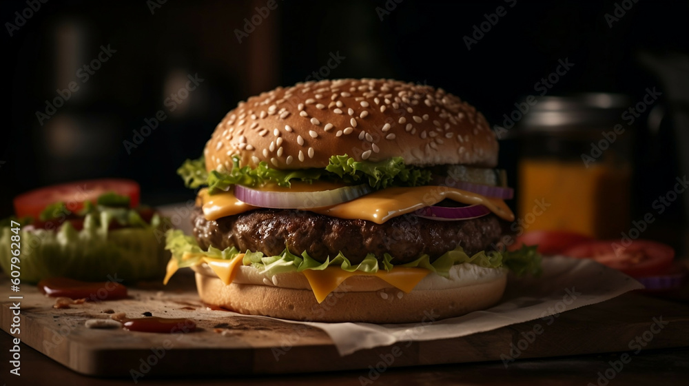 Delicious burger on wooden background new quality universal colorful technology stock image illustration design, generative ai
Delicious burger on wooden background new quality universal colorful technology stock image illustration design, generative ai