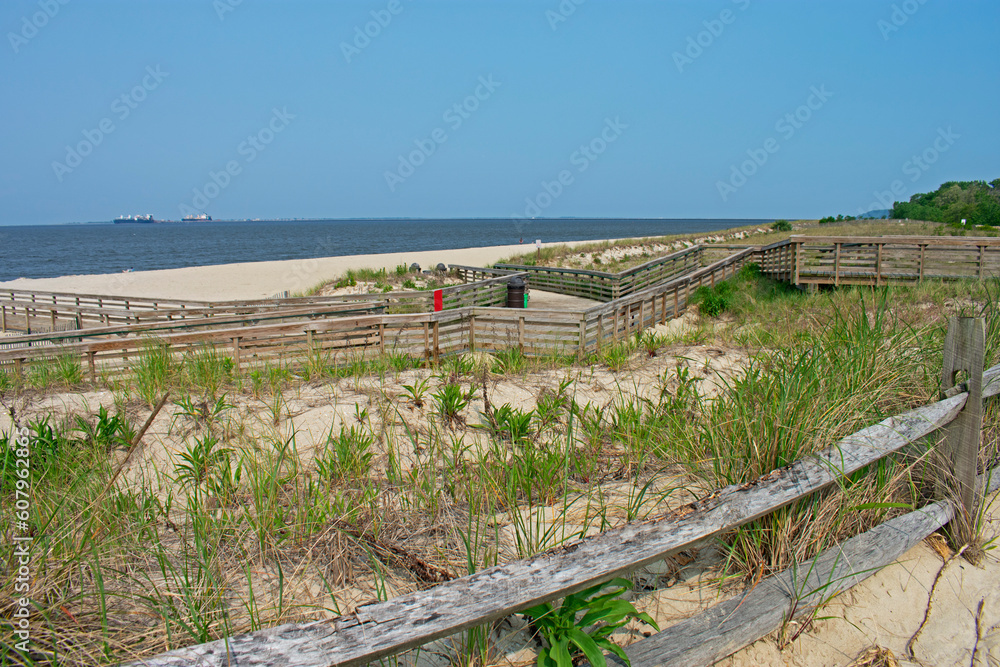 Sunny day at beach at Bayshore Waterfront Park, in Port Monmouth, New Jersey, overlooking Sandy Hook Bay -05