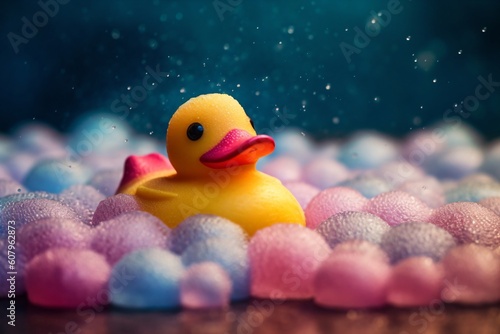 cute yellow squeaky duck in colorful foam created with Generative AI technology photo