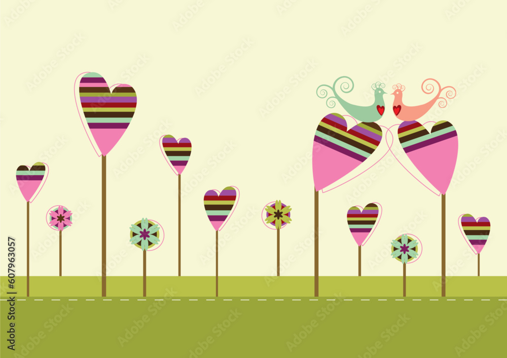 Love birds sitting on the heart shaped trees in the love garden. Available in vector format. Vector format is Adobe illustrator EPS file, compressed in a zip file. The document can be scaled to any si Love birds sitting on the heart shaped trees in the love garden. Available in vector format. Vector format is Adobe illustrator EPS file, compressed in a zip file. The document can be scaled to any si
