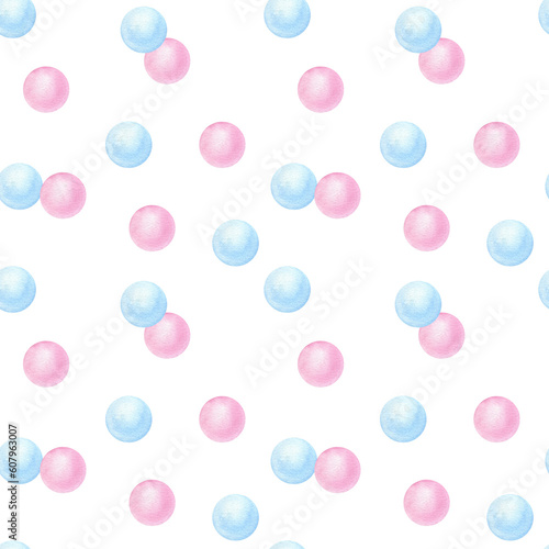 Seamless pattern pink blue balls, circles. Hand-drawn watercolor illustration on white background. For gender reveal party, baby shower, children's textiles
