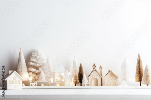 A white wall banner background with copy space and white Christmas house decor featuring trees on a wood shelf. Generative AI
