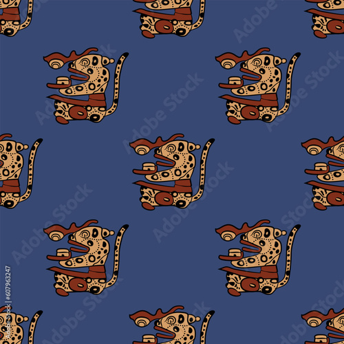Seamless ethnic animal pattern with stylized sitting jaguars. Native American art of Maya Indians. On blue background.