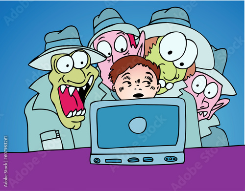 Group of snoops try to see what someone is doing on their computer.