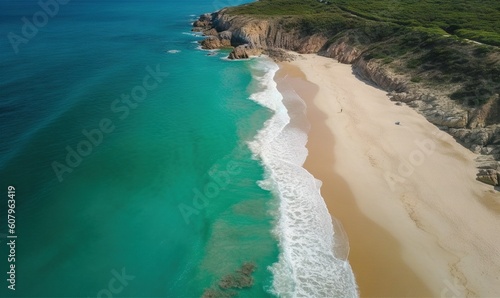  an aerial view of a beach and a cliff near the ocean. generative ai