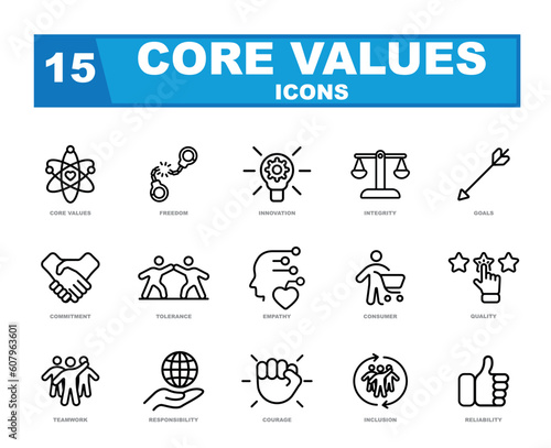 The Core Values vector icon set visually represents essential principles and beliefs, serving as a reminder of what an individual or organization stands for.