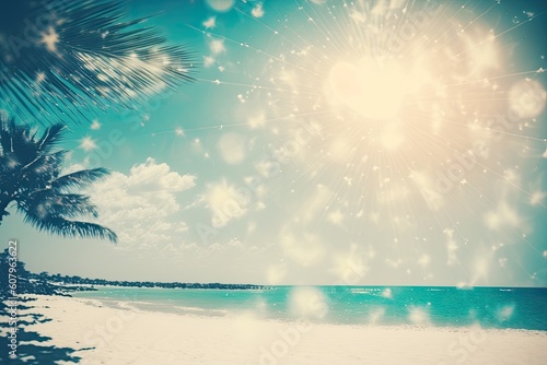 Tropical beach with bokeh sun light wave on abstract backdrop of blue sky and white clouds. Outdoor and travel holiday experience idea for a summer vacation.color-filtering retro tones. Generative AI