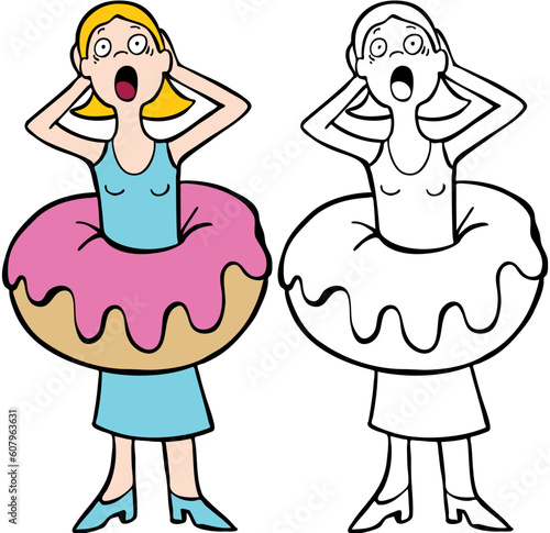 Woman regrets eating a donut that makes her feel fat  - both color and black / white versions.