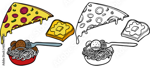 Italian food items on a white background  - both color and black / white versions.