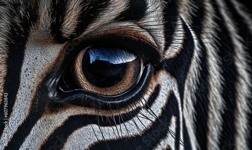  a close up of a zebra s eye with black and white stripes on it s body and it s black and white stripes.  generative ai