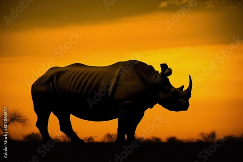 Silhouette of african white rhinoceros against orange dusk dawn sky