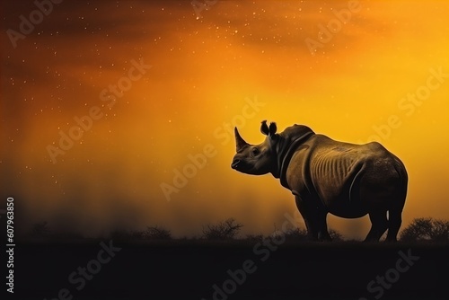 Silhouette of african white rhinoceros against orange dusk dawn sky